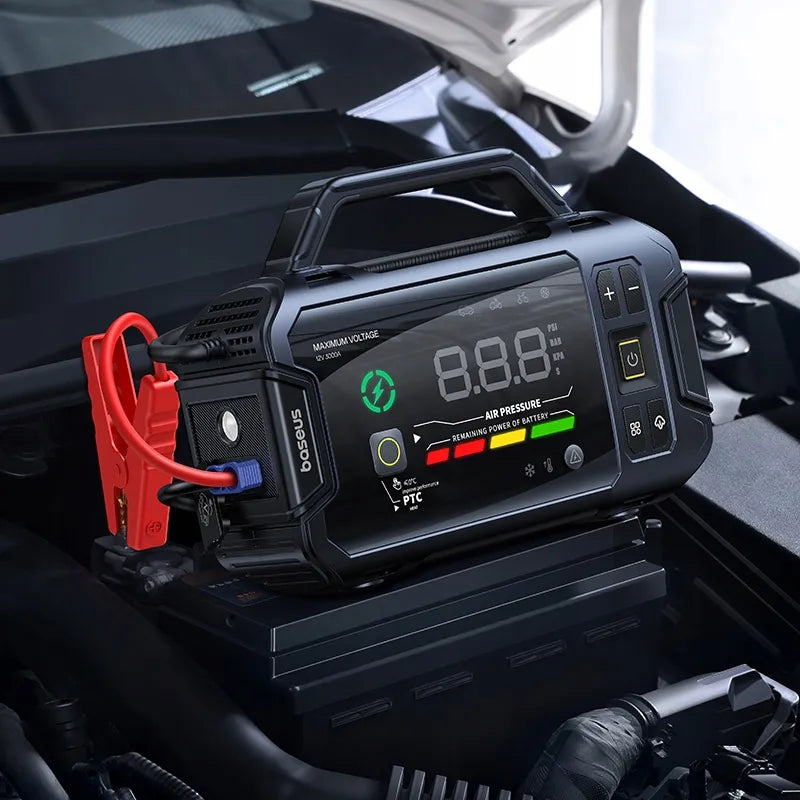 BASEUS išorinė baterija, automobilio užvedimo įrenginys (boosteris), žibintuvėlis 21600mAh, kompresorius + gnybtai