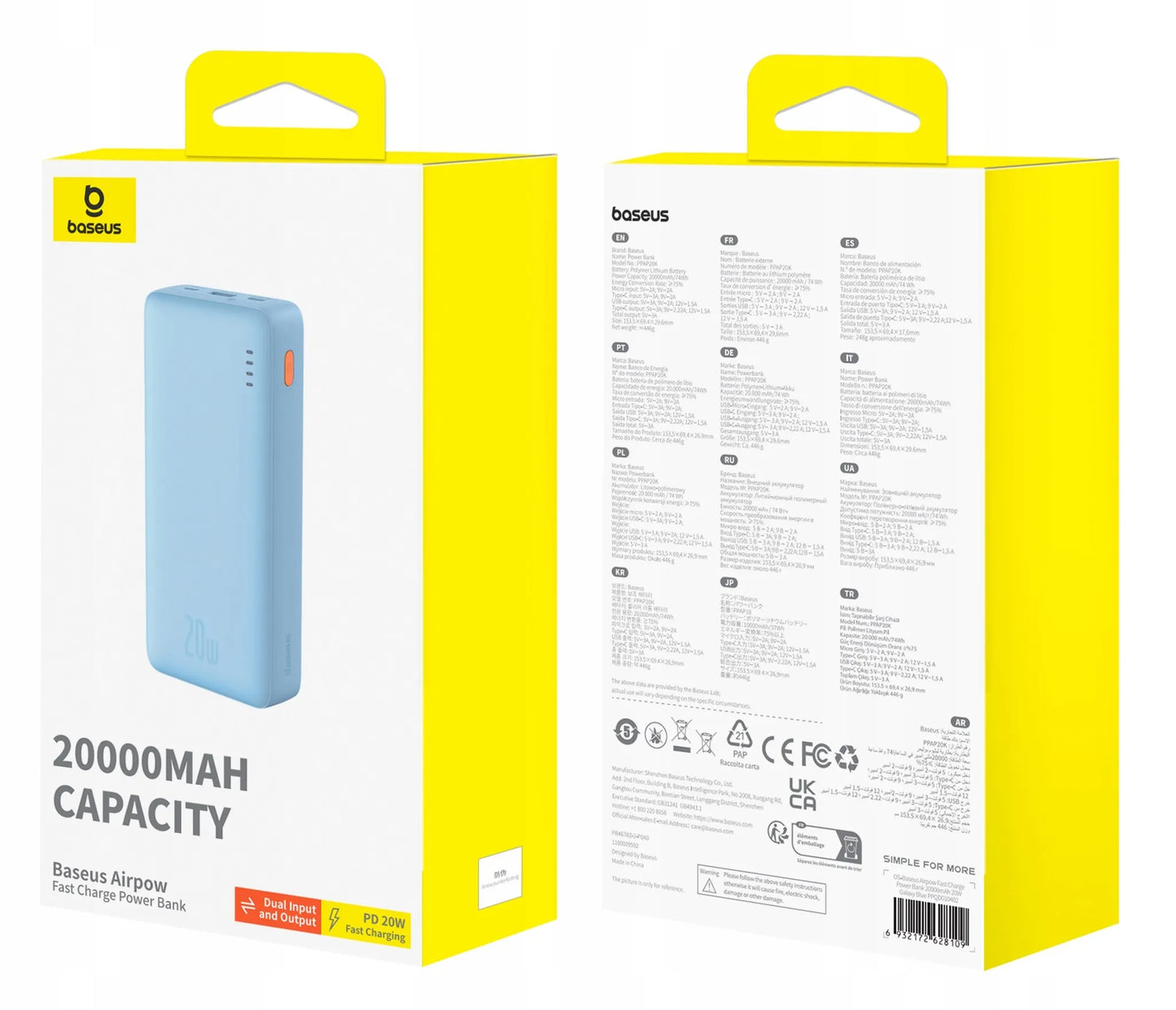 BASEUS išorinė baterija (power bank) su greituoju įkrovimu 20000mAh 20W USB-C USB-A su laidu