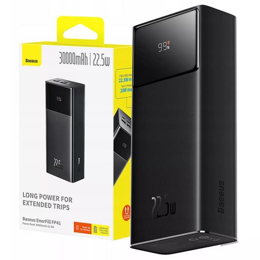 BASEUS išorinis maitinimo šaltinis (powerbank) 30000 mAh USB-C PD 22.5W, juodas + laidas