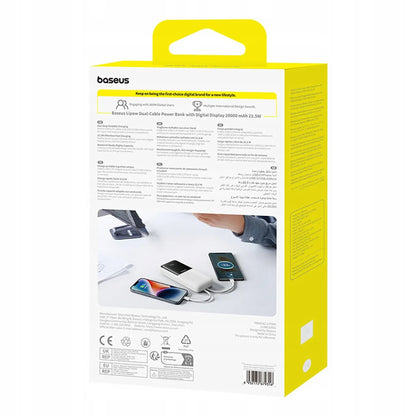 Baseus Lipow 20000 mAh 22.5W galios bankas su integruotais USB-C ir Lightning laidais – baltas