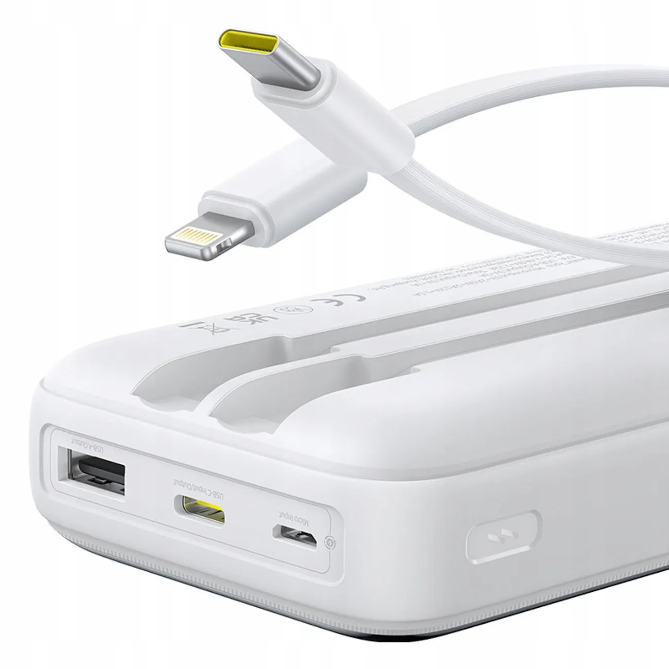 Baseus Lipow 20000 mAh 22.5W galios bankas su integruotais USB-C ir Lightning laidais – baltas