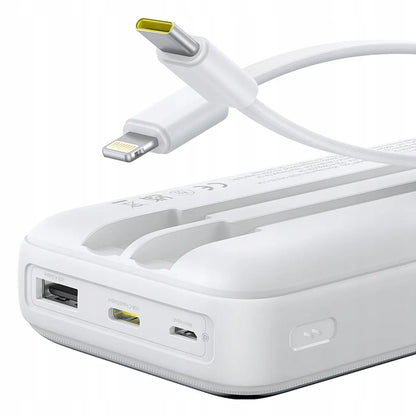 Baseus Lipow 20000 mAh 22.5W galios bankas su integruotais USB-C ir Lightning laidais – baltas