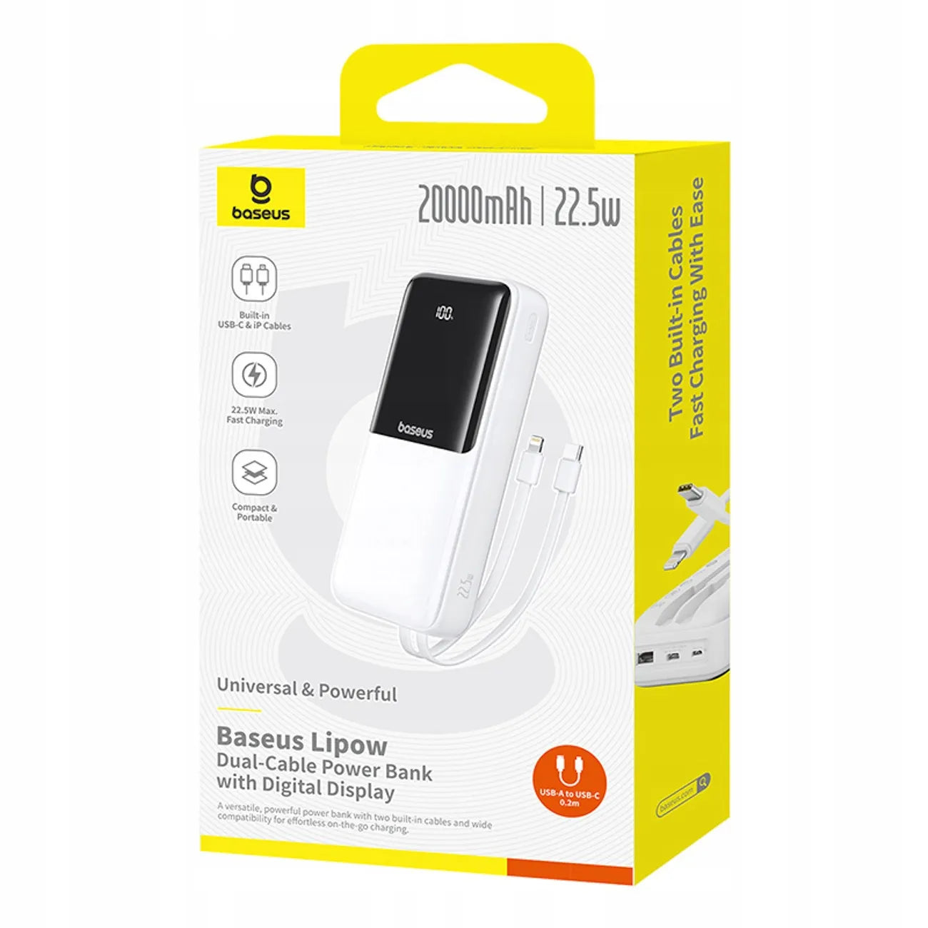 Baseus Lipow 20000 mAh 22.5W galios bankas su integruotais USB-C ir Lightning laidais – baltas