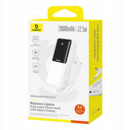 Baseus Lipow 20000 mAh 22.5W galios bankas su integruotais USB-C ir Lightning laidais – baltas