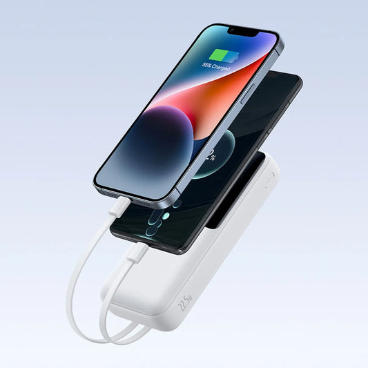 Baseus Lipow 20000 mAh 22.5W galios bankas su integruotais USB-C ir Lightning laidais – baltas