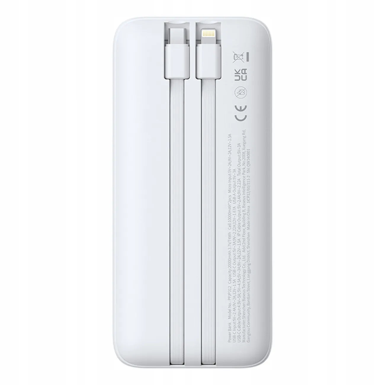Baseus Lipow 20000 mAh 22.5W galios bankas su integruotais USB-C ir Lightning laidais – baltas