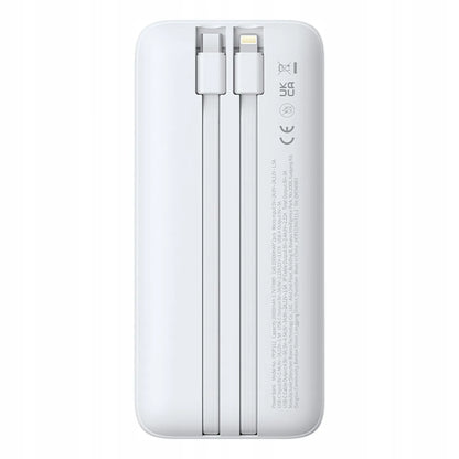 Baseus Lipow 20000 mAh 22.5W galios bankas su integruotais USB-C ir Lightning laidais – baltas