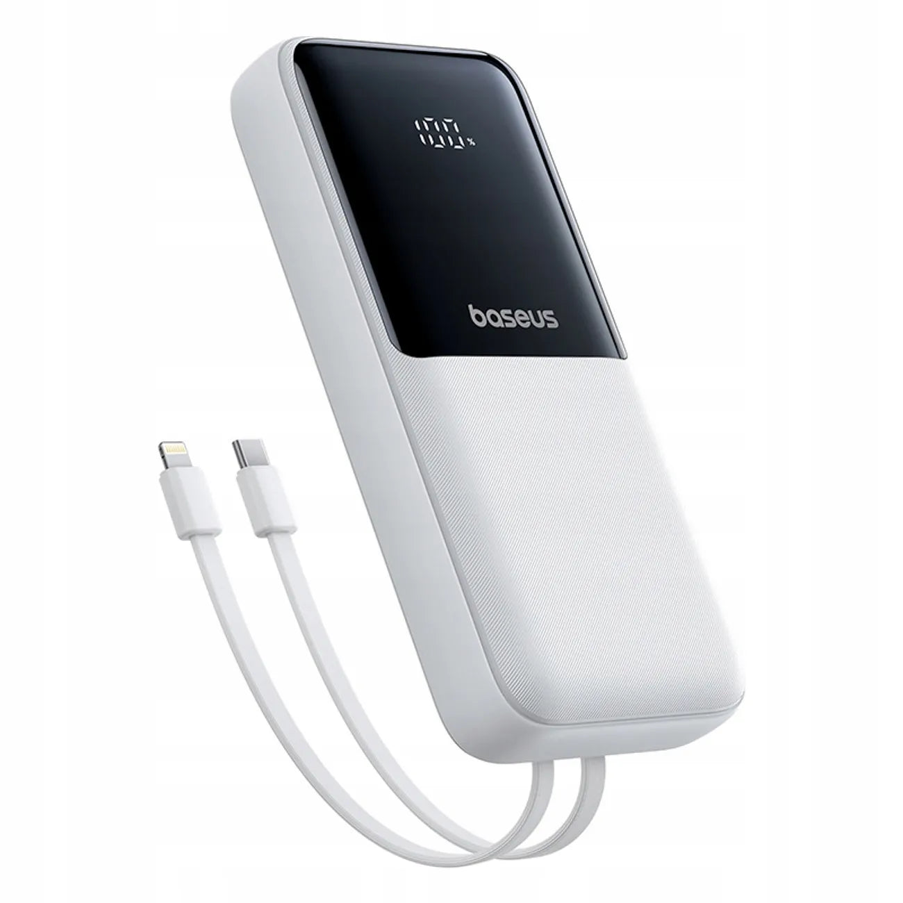 Baseus Lipow 20000 mAh 22.5W galios bankas su integruotais USB-C ir Lightning laidais – baltas