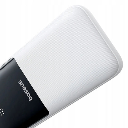 Baseus Lipow 20000 mAh 22.5W galios bankas su integruotais USB-C ir Lightning laidais – baltas