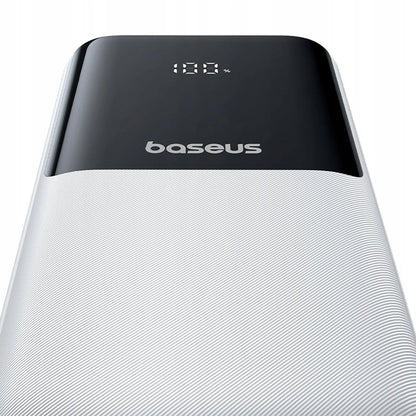 Baseus Lipow 20000 mAh 22.5W galios bankas su integruotais USB-C ir Lightning laidais – baltas