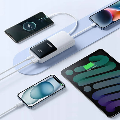 Baseus Lipow 20000 mAh 22.5W galios bankas su integruotais USB-C ir Lightning laidais – baltas