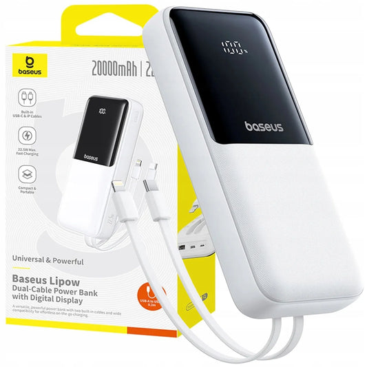 Baseus Lipow 20000 mAh 22.5W galios bankas su integruotais USB-C ir Lightning laidais – baltas