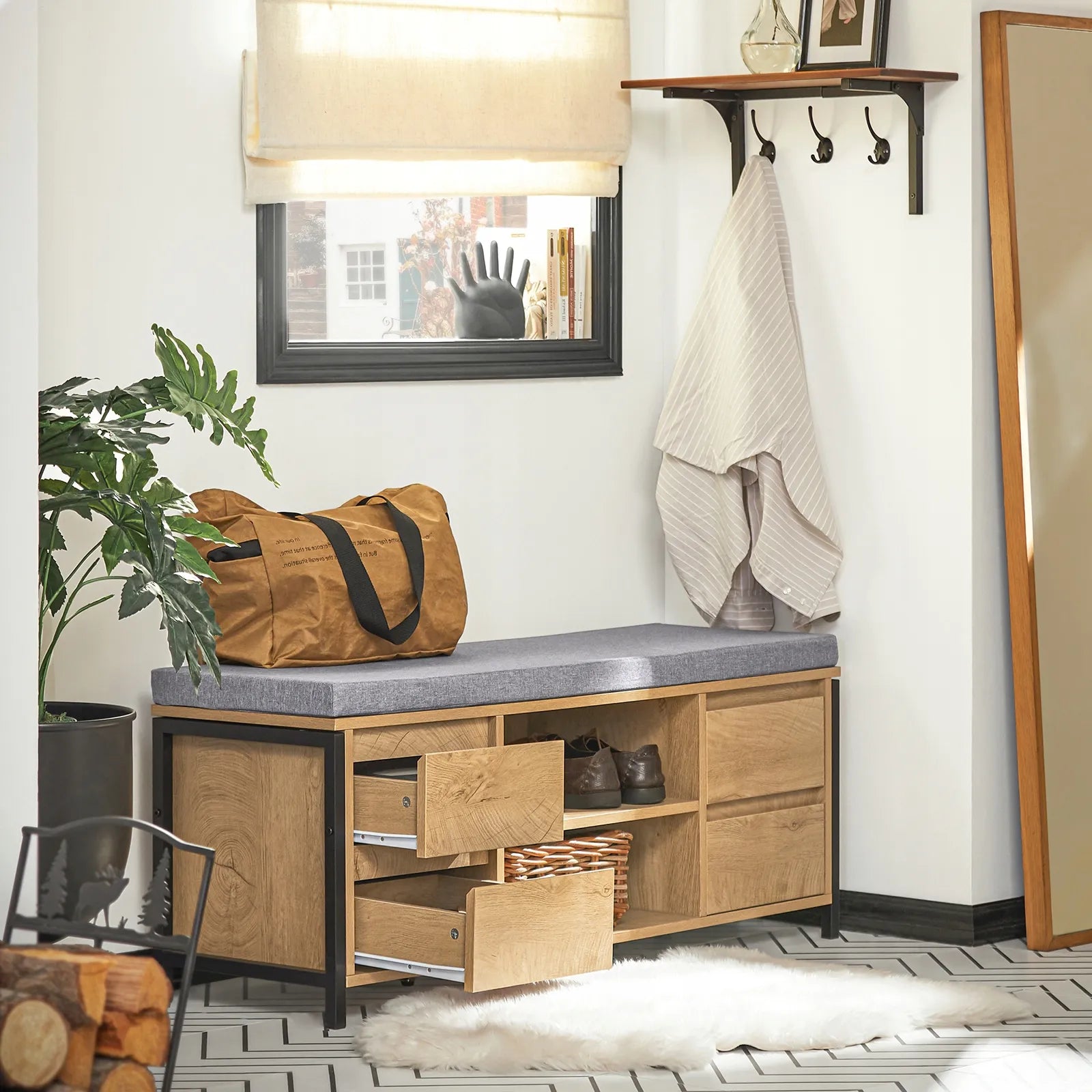 Batai su suoliuku SoBuy FSR149-N, 110x35cm, ąžuolo spalva