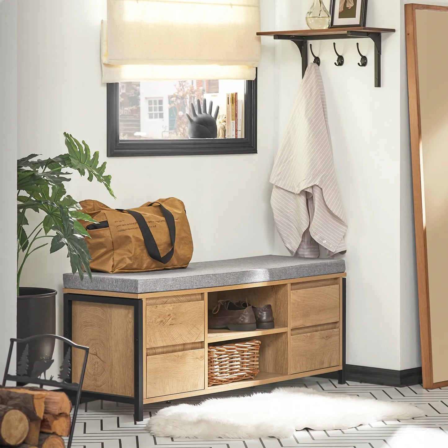 Batai su suoliuku SoBuy FSR149-N, 110x35cm, ąžuolo spalva