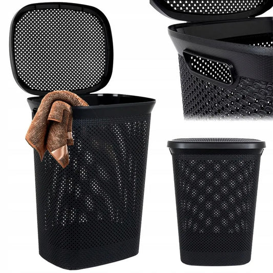 „Bathroom Solutions“ juodas plastikinis skalbinių krepšys su dangčiu, 60 l