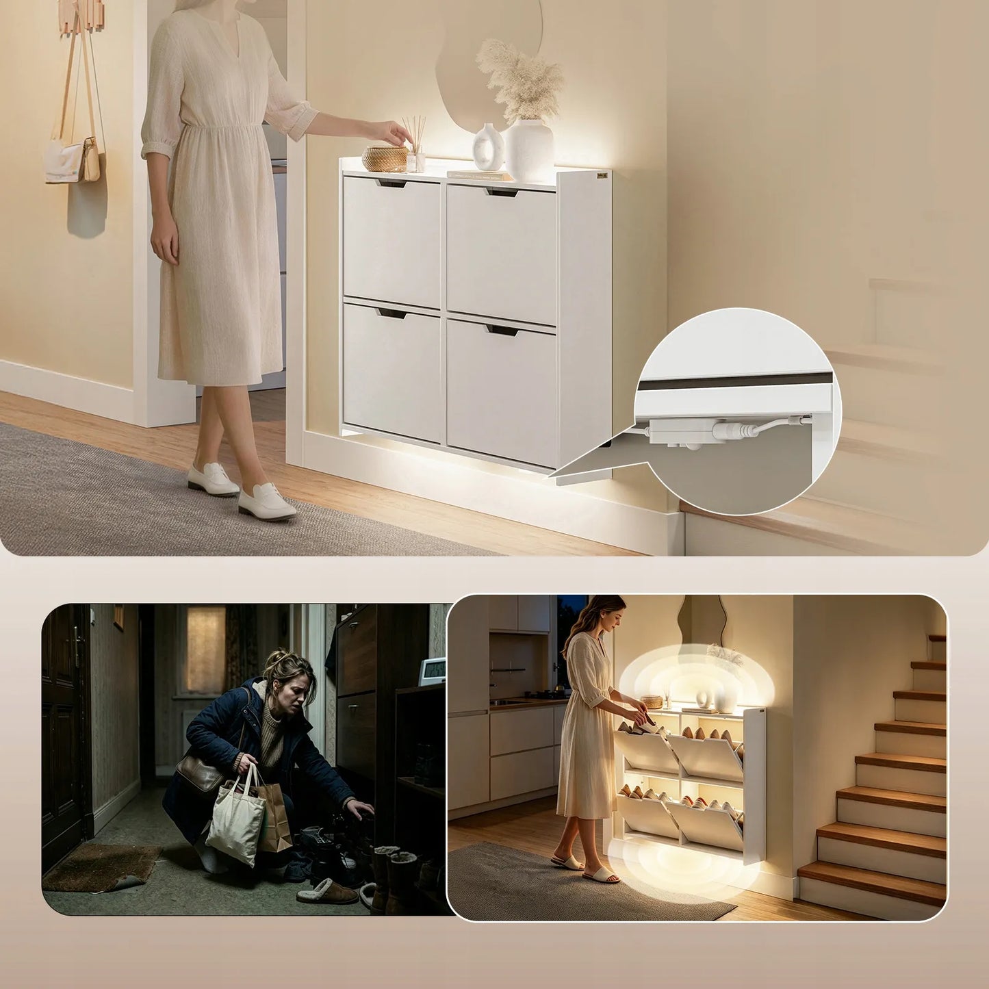 Bato spintelė 4 lentynų pakabinama/pastatoma balta prieškambariui su LED FSR100-E-W