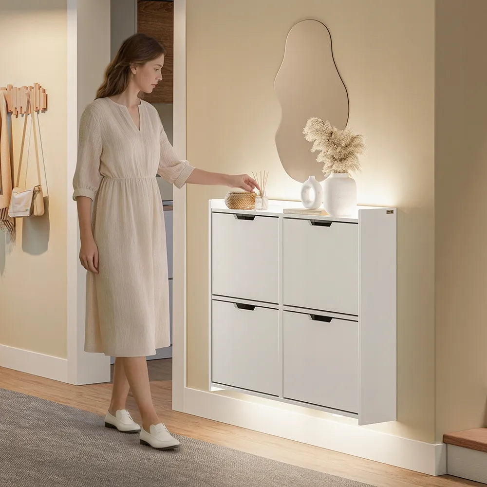 Bato spintelė 4 lentynų pakabinama/pastatoma balta prieškambariui su LED FSR100-E-W
