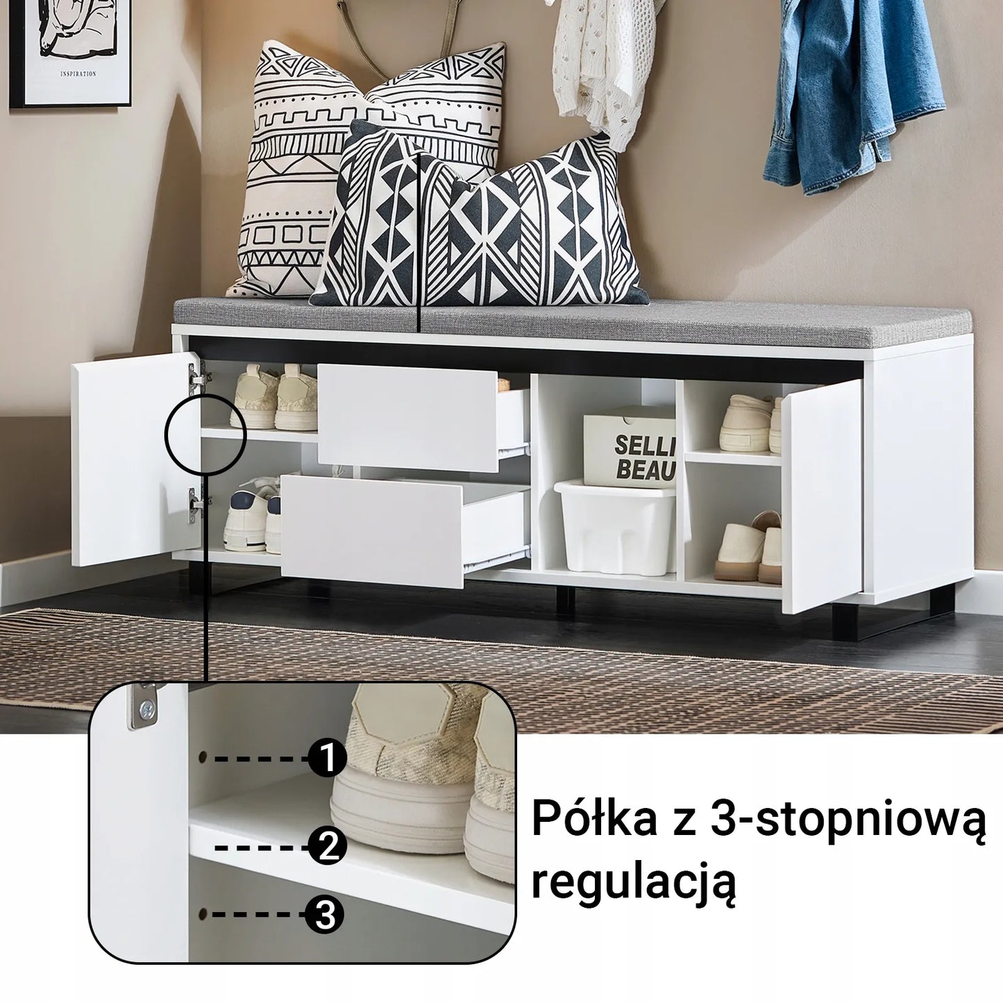 Batų suoliukas su sėdyne, lentynomis ir stalčiais 110x35cm SoBuy FSR176-W