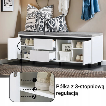 Batų suoliukas su sėdyne, lentynomis ir stalčiais 110x35cm SoBuy FSR176-W