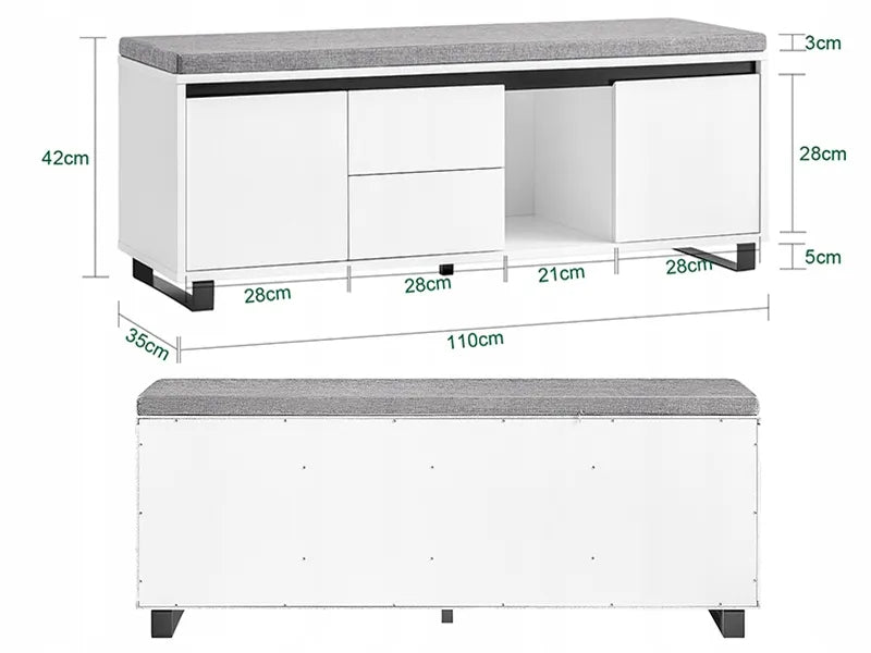 Batų suoliukas su sėdyne, lentynomis ir stalčiais 110x35cm SoBuy FSR176-W