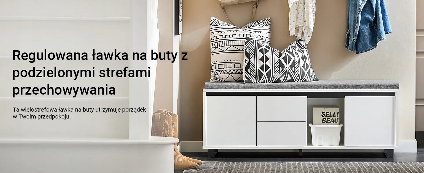 Batų suoliukas su sėdyne, lentynomis ir stalčiais 110x35cm SoBuy FSR176-W