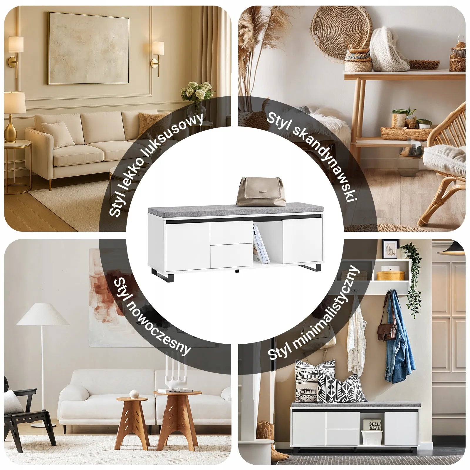 Batų suoliukas su sėdyne, lentynomis ir stalčiais 110x35cm SoBuy FSR176-W