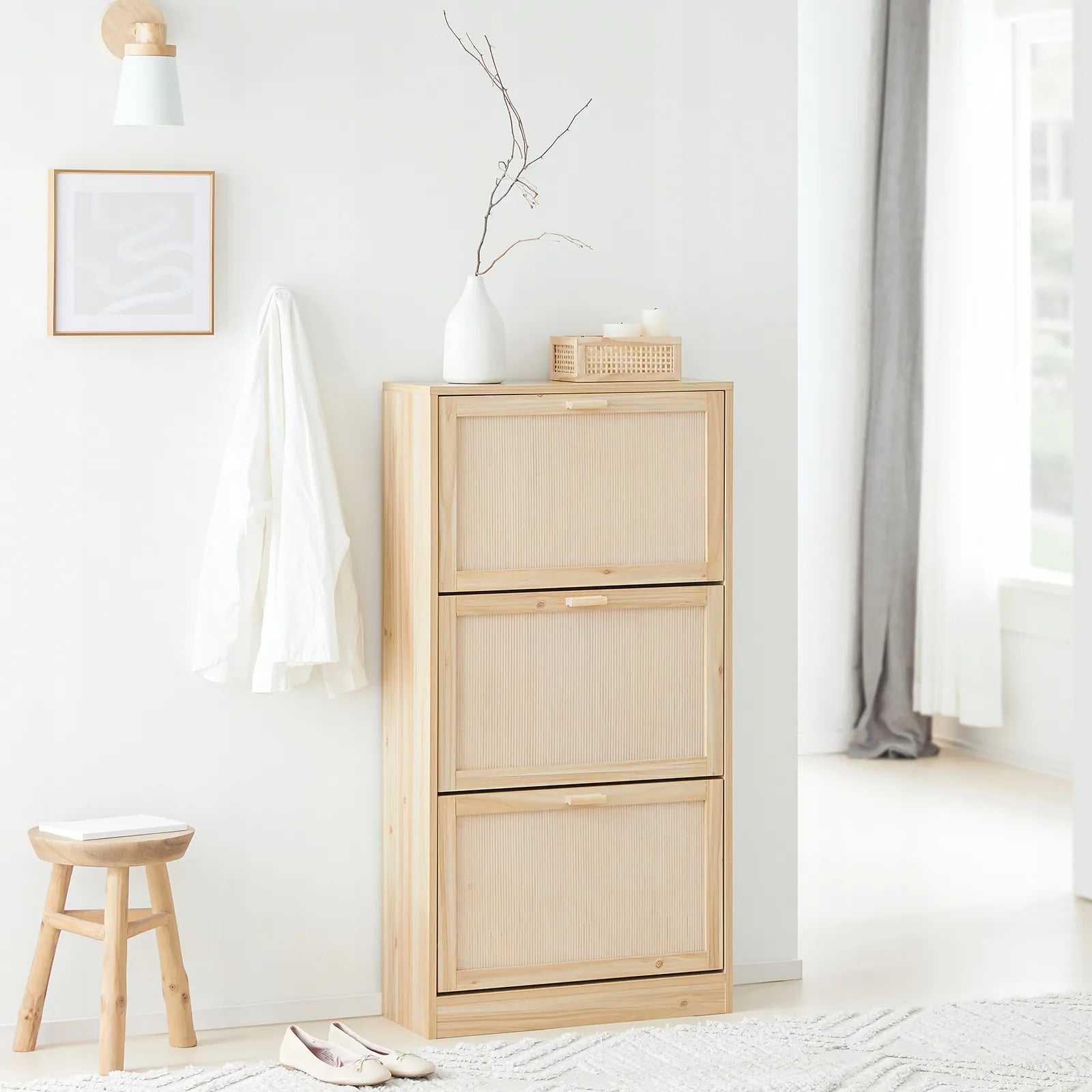 Batus spintelė su 3 skyriais prieškambario staliukas šviesaus ąžuolo spalvos 60x24x118cm FSR159-N