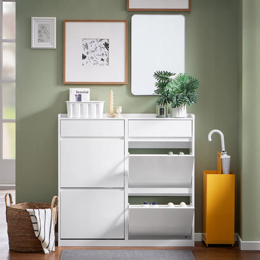 Batus spintelė su 4 durelėmis ir 2 stalčiais prieškambariui 98x19 cm SoBuy FSR169-W