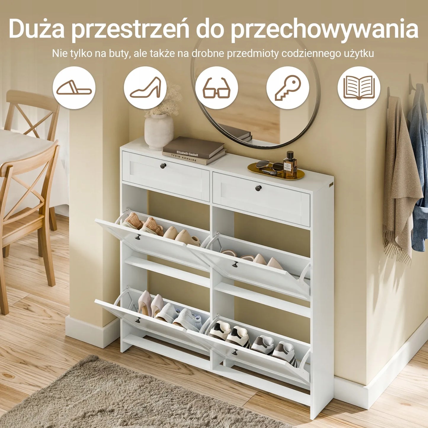 Batus spintelė su 4 durimis ir 2 stalčiais prieškambariui 100x19cm FSR208-W