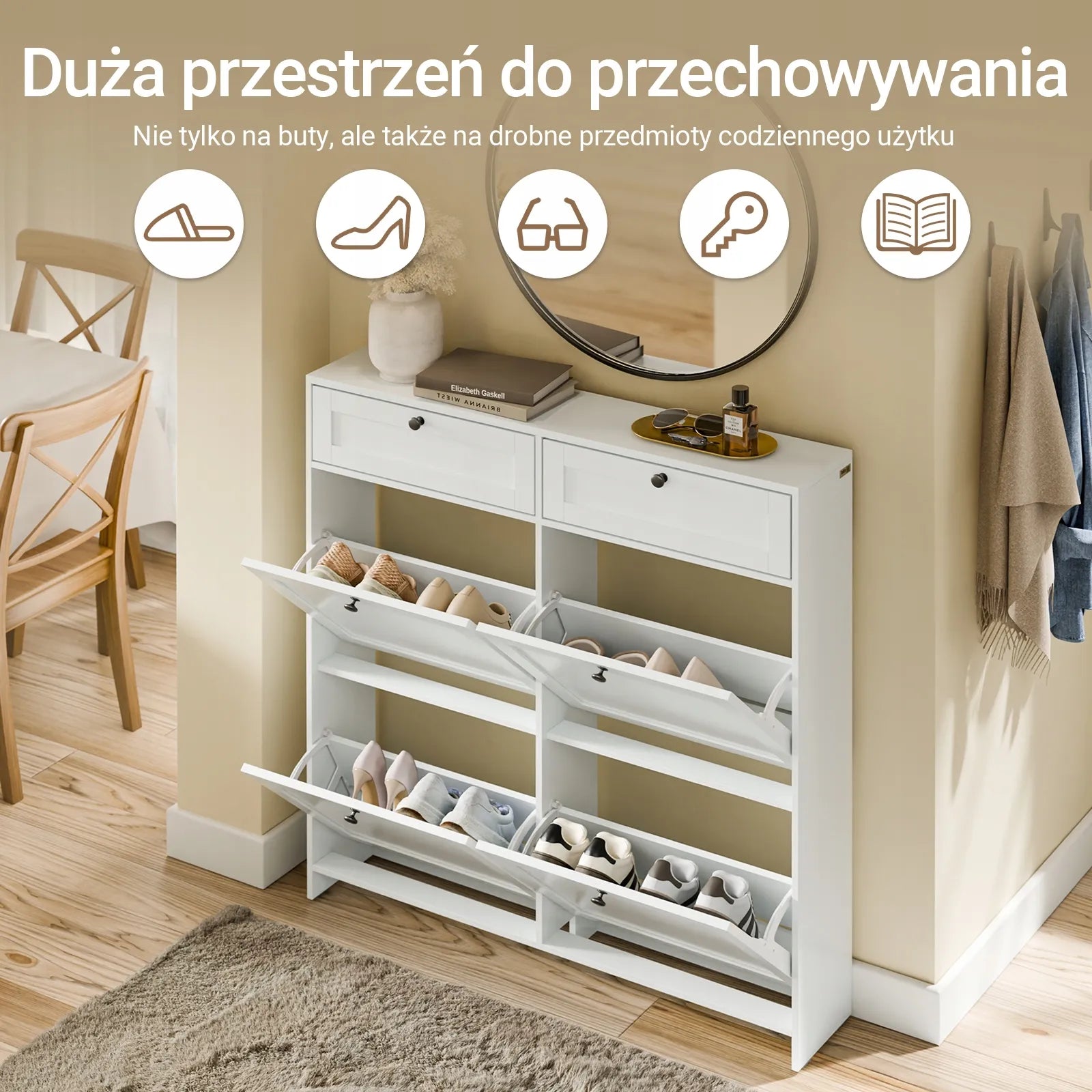 Batus spintelė su 4 durimis ir 2 stalčiais prieškambariui 100x19cm FSR208-W