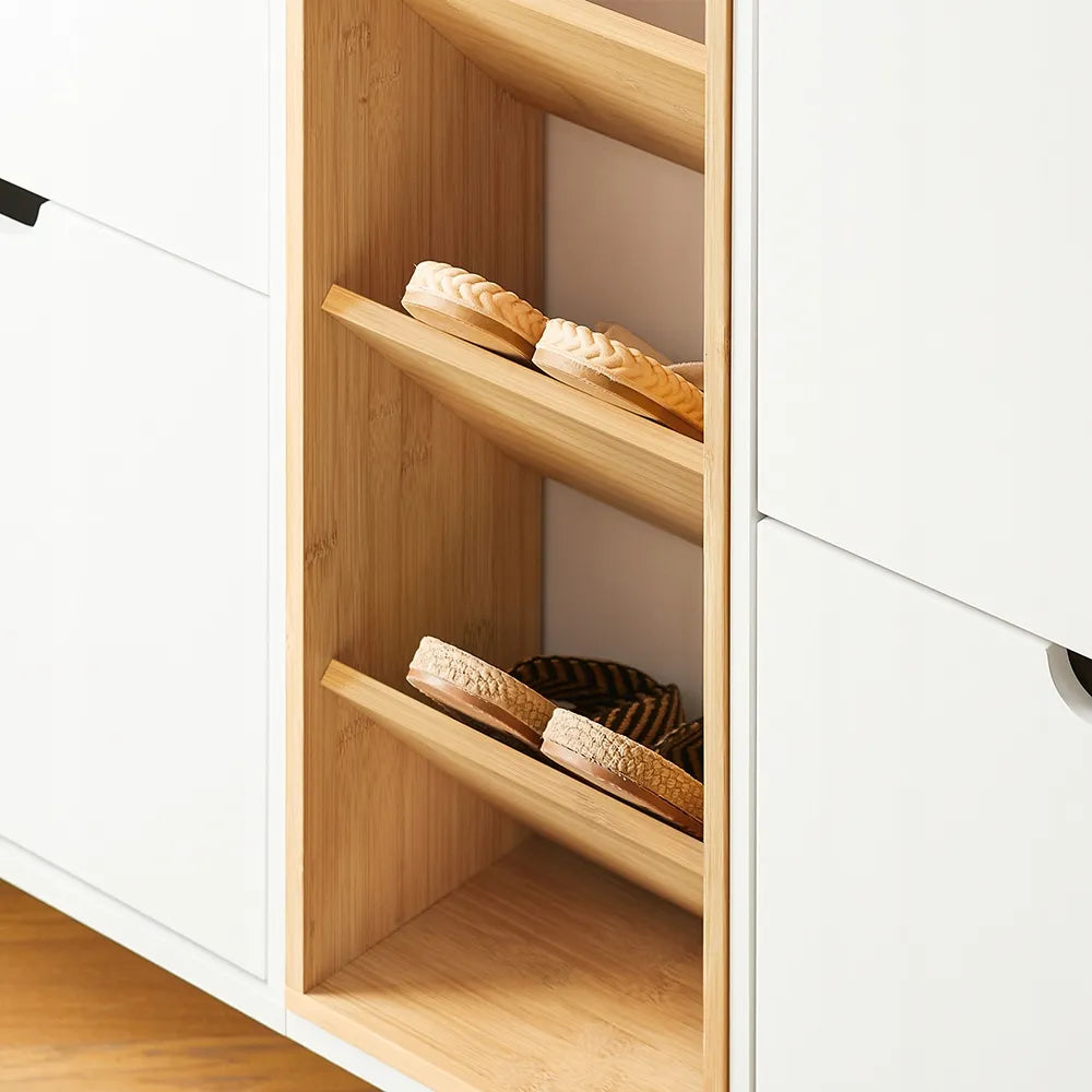 Batus spintelė su atverčiamomis durelėmis, 4 lentynų skyriai, skirta prieškambariui, 126x19 cm, FSR183-WN