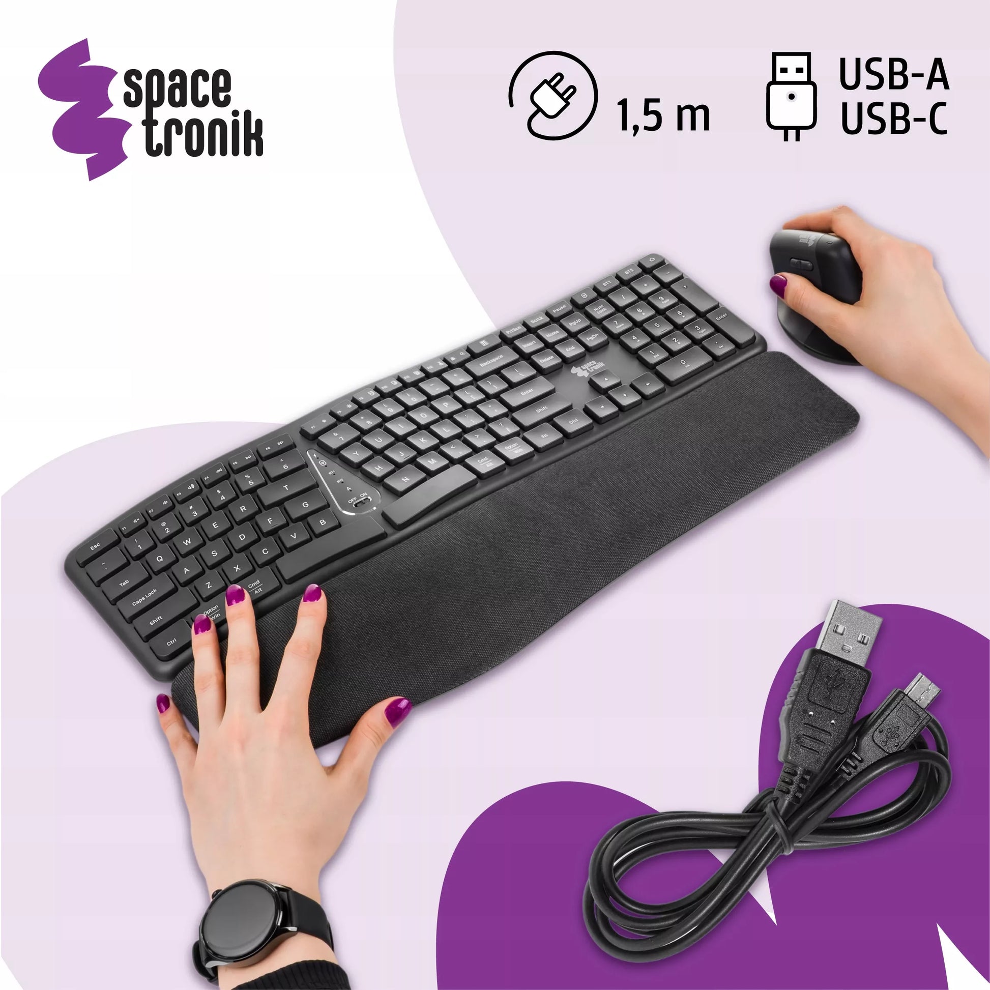 Ergonominė laidinė USB klaviatūra Spacetronik EZZY 1.5m membrana