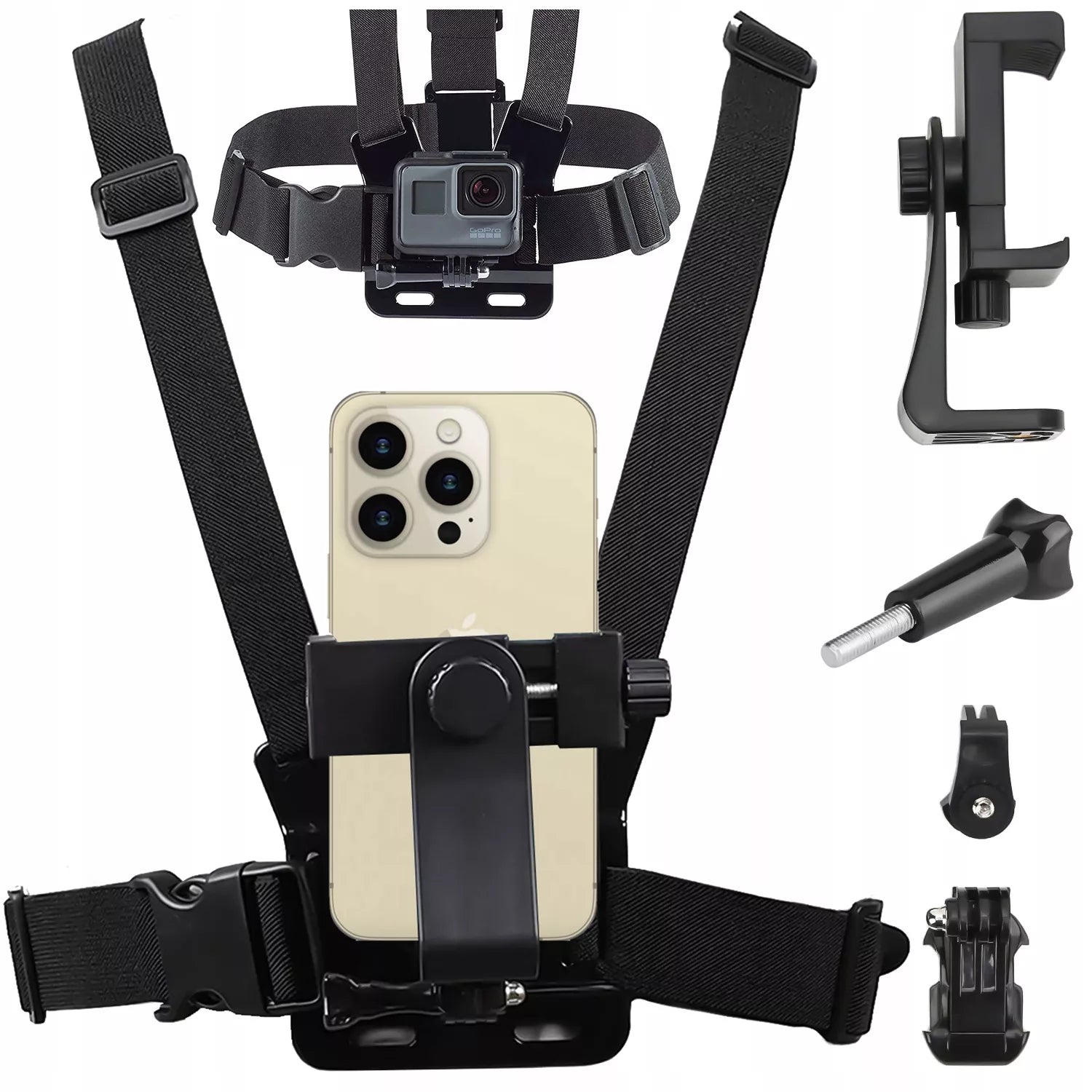 Krūtinės diržai, laikiklis telefonui ir GoPro kamerai