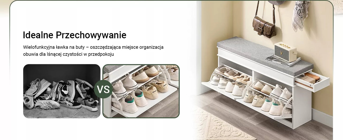 SoBuy Siauraitė batų spintelė su sėdyne ir 2 atverčiamomis durelėmis Balta FSR64-WG