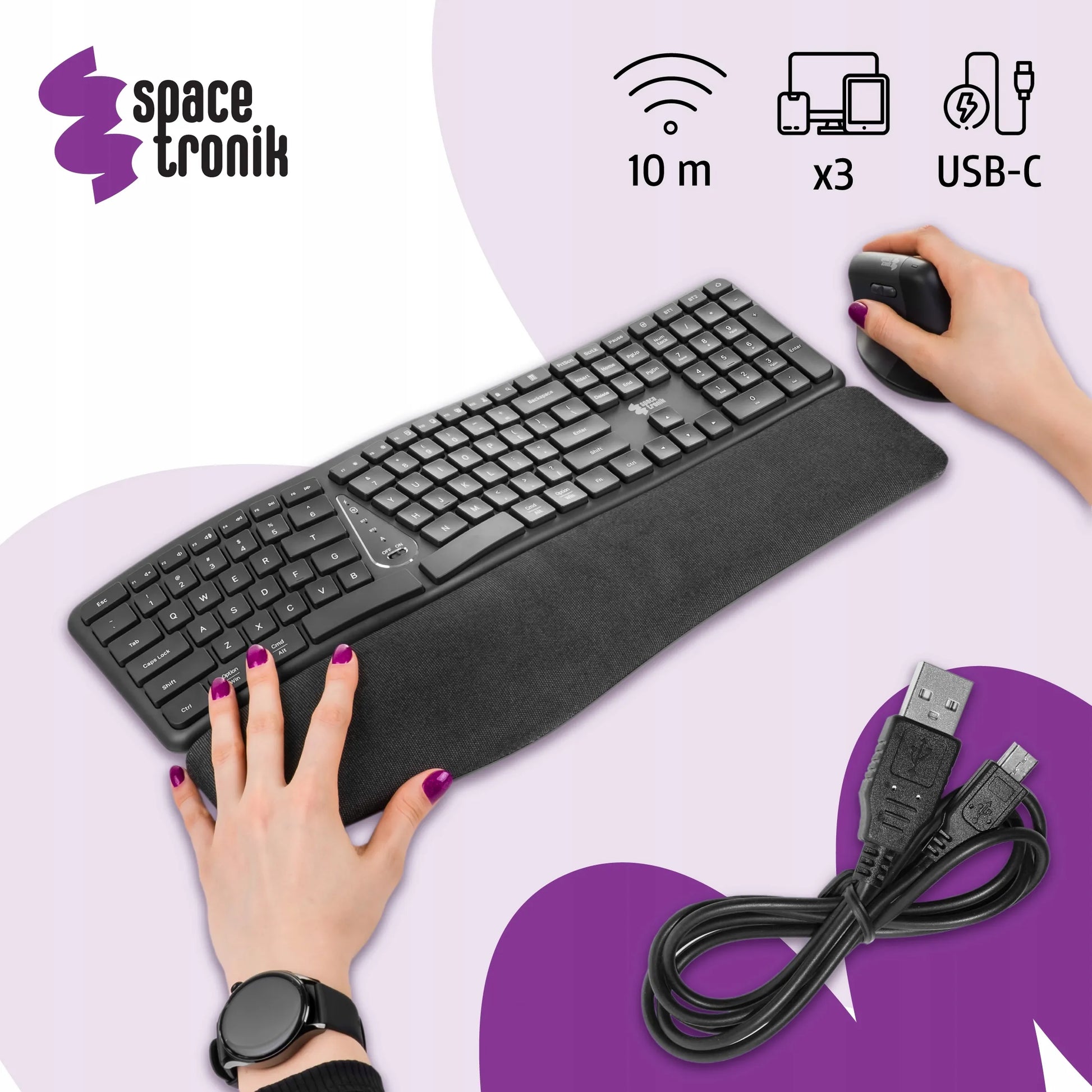 Belaidė ergonomiška klaviatūra ir pelė Spacetronik USB 2.4 GHz Bluetooth RINKINYS