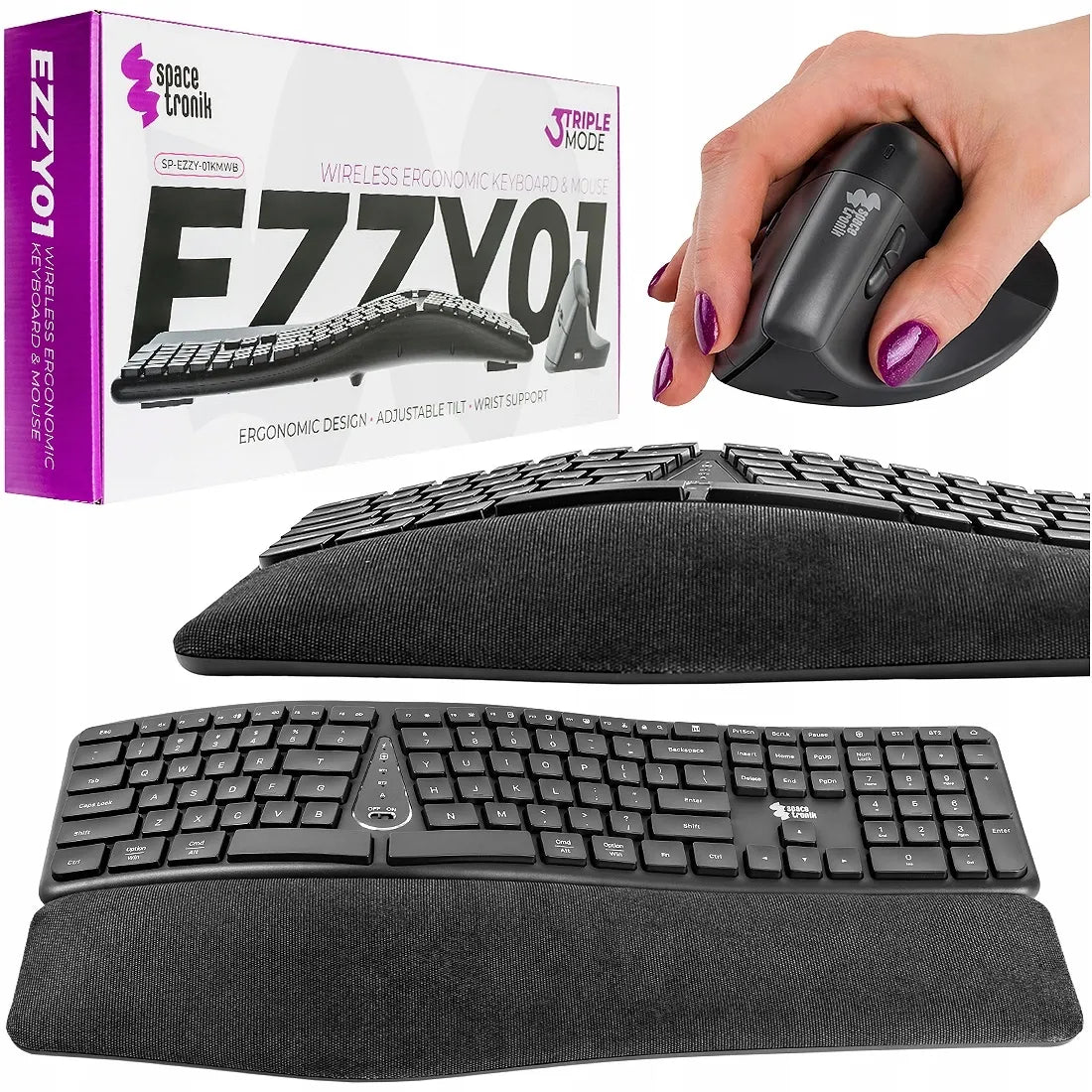 Belaidė ergonomiška klaviatūra ir pelė Spacetronik USB 2.4 GHz Bluetooth RINKINYS