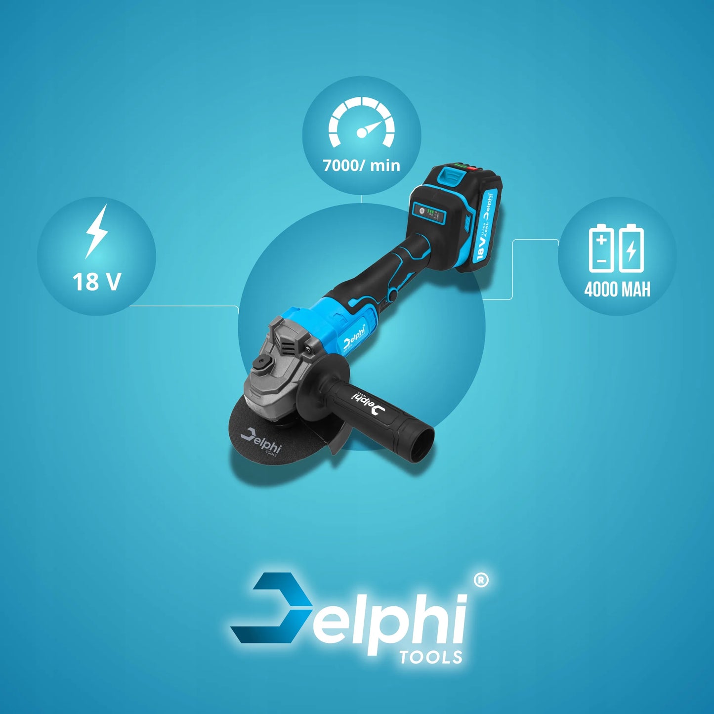Belaidė kampinis šlifuoklis bešepetėlinis Delphi Tools 1x4.0Ah 18V