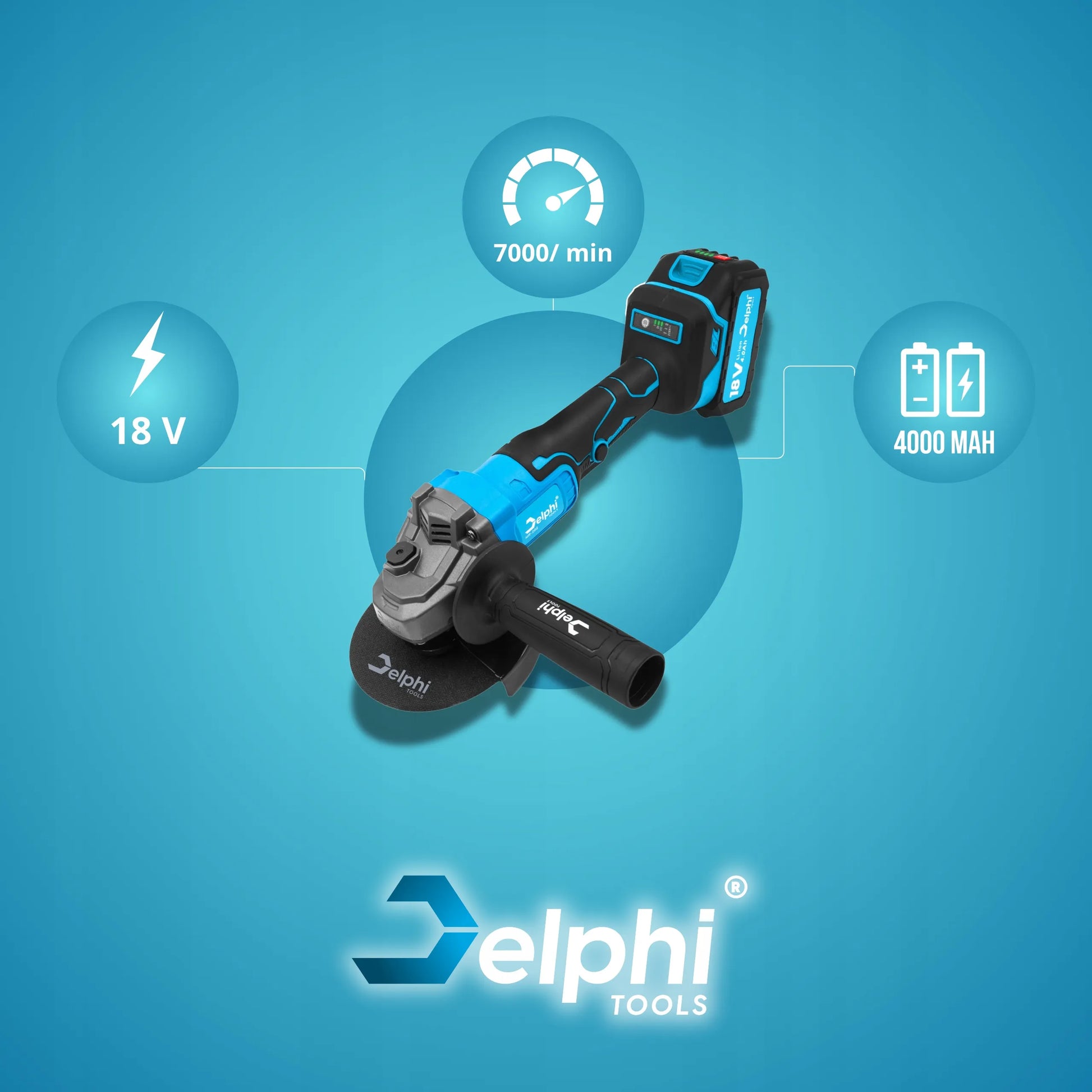 Belaidė kampinis šlifuoklis bešepetėlinis Delphi Tools 1x4.0Ah 18V