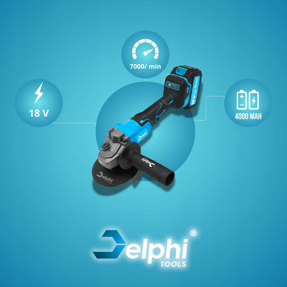 Belaidė kampinis šlifuoklis bešepetėlinis Delphi Tools 1x4.0Ah 18V