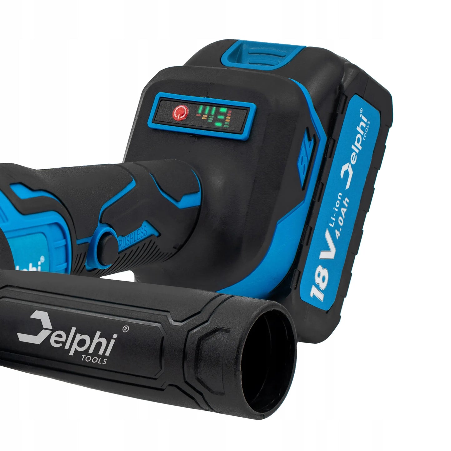 Belaidė kampinis šlifuoklis bešepetėlinis Delphi Tools 1x4.0Ah 18V