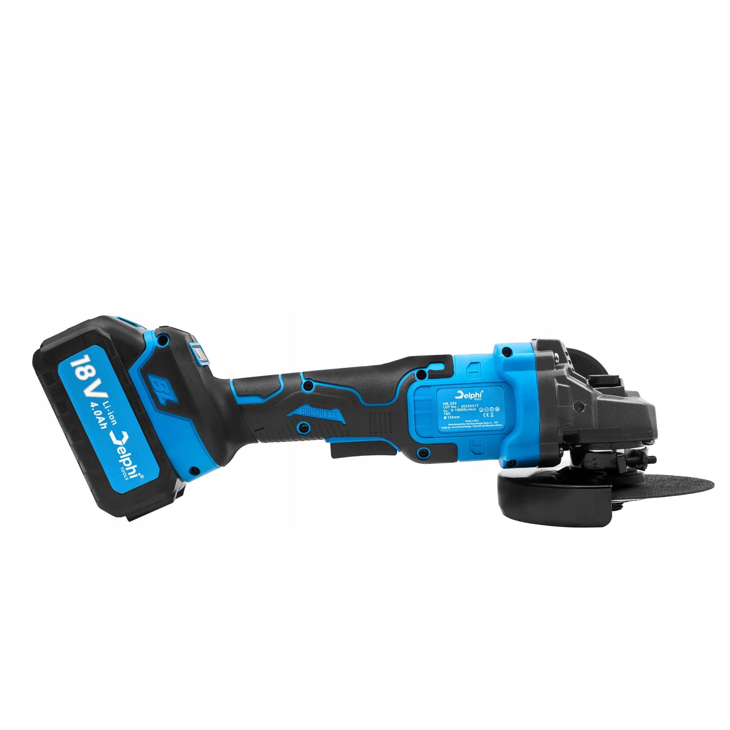 Belaidė kampinis šlifuoklis bešepetėlinis Delphi Tools 1x4.0Ah 18V