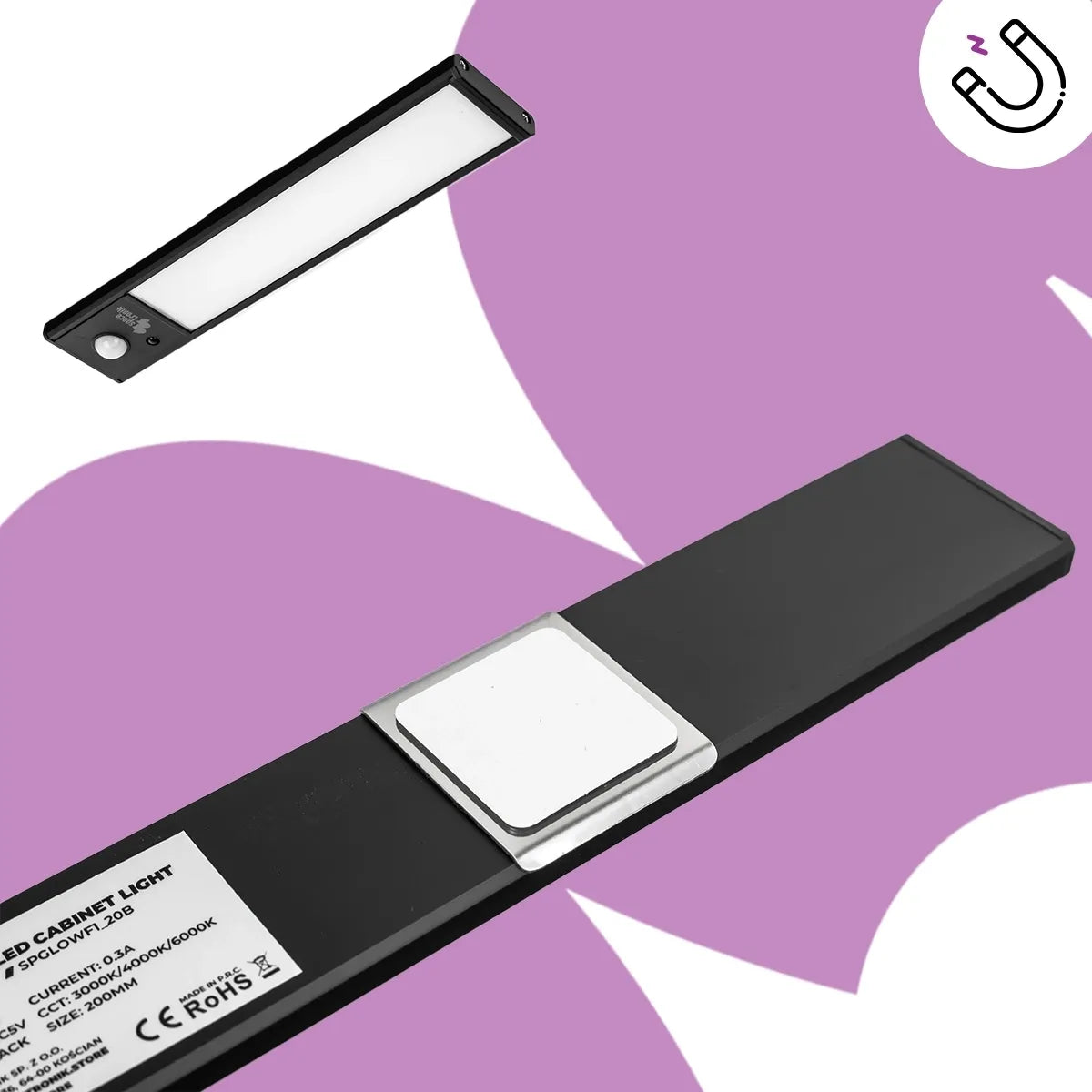 Belaidė LED lemputė 20 cm, baldinė juosta su USB, magnetu ir judesio jutikliu Spacetronik