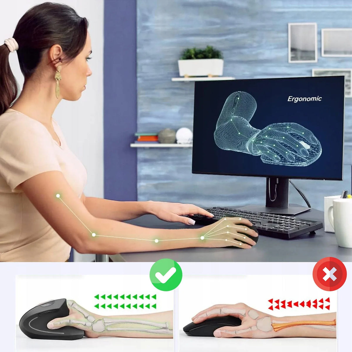 Belaidė vertikali ergonomiška pelė su LED apšvietimu, iki 10 m, darbui