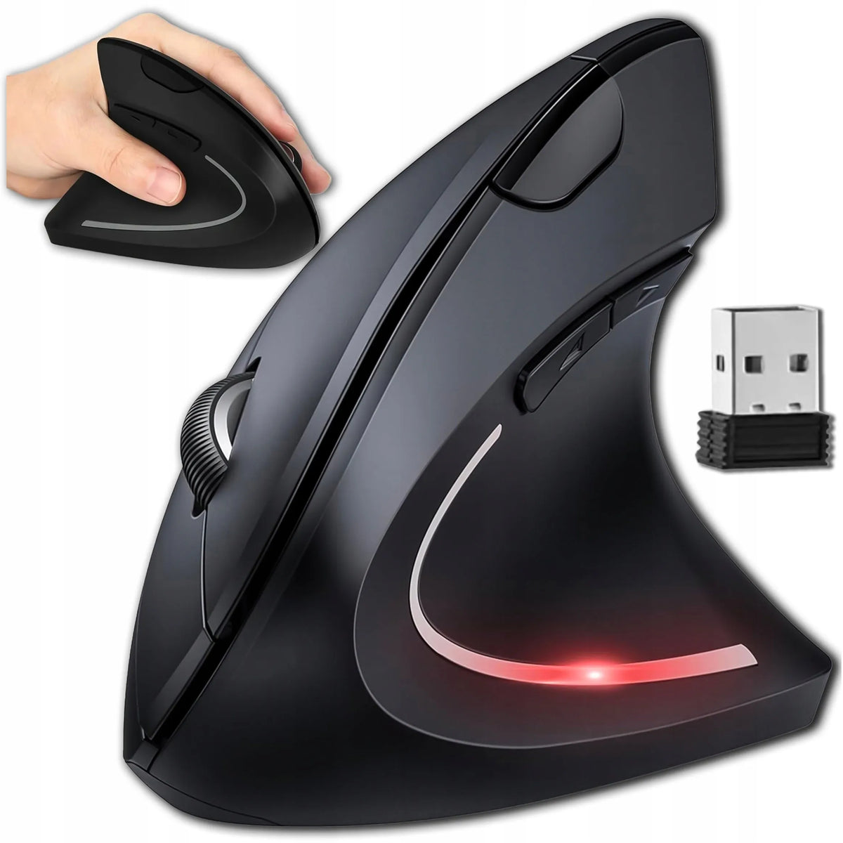 Belaidė vertikali ergonomiška pelė su LED apšvietimu, iki 10 m, darbui
