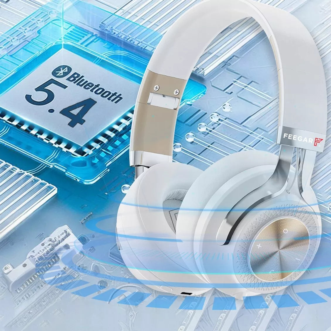 Belaidės ausinės ant ausų „FEEGAR AlphaBeat ANC 65H“, baltos, „Bluetooth 5.4“