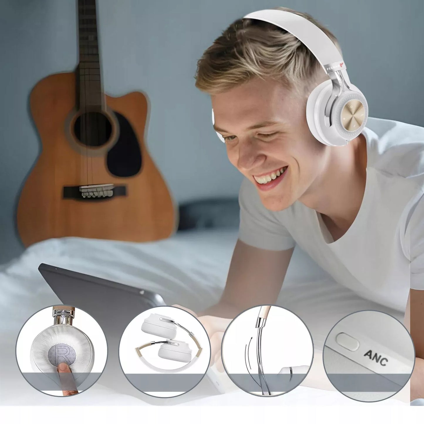 Belaidės ausinės ant ausų „FEEGAR AlphaBeat ANC 65H“, baltos, „Bluetooth 5.4“