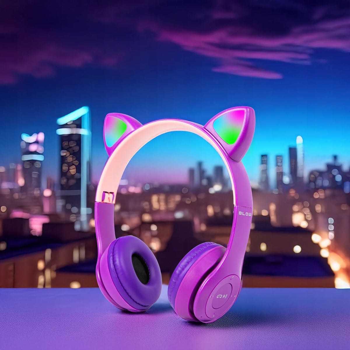 Belaidės ausinės vaikams „BLOW“ su „Bluetooth“, mikrofonu, katės ausimis ir RGB LED apšvietimu