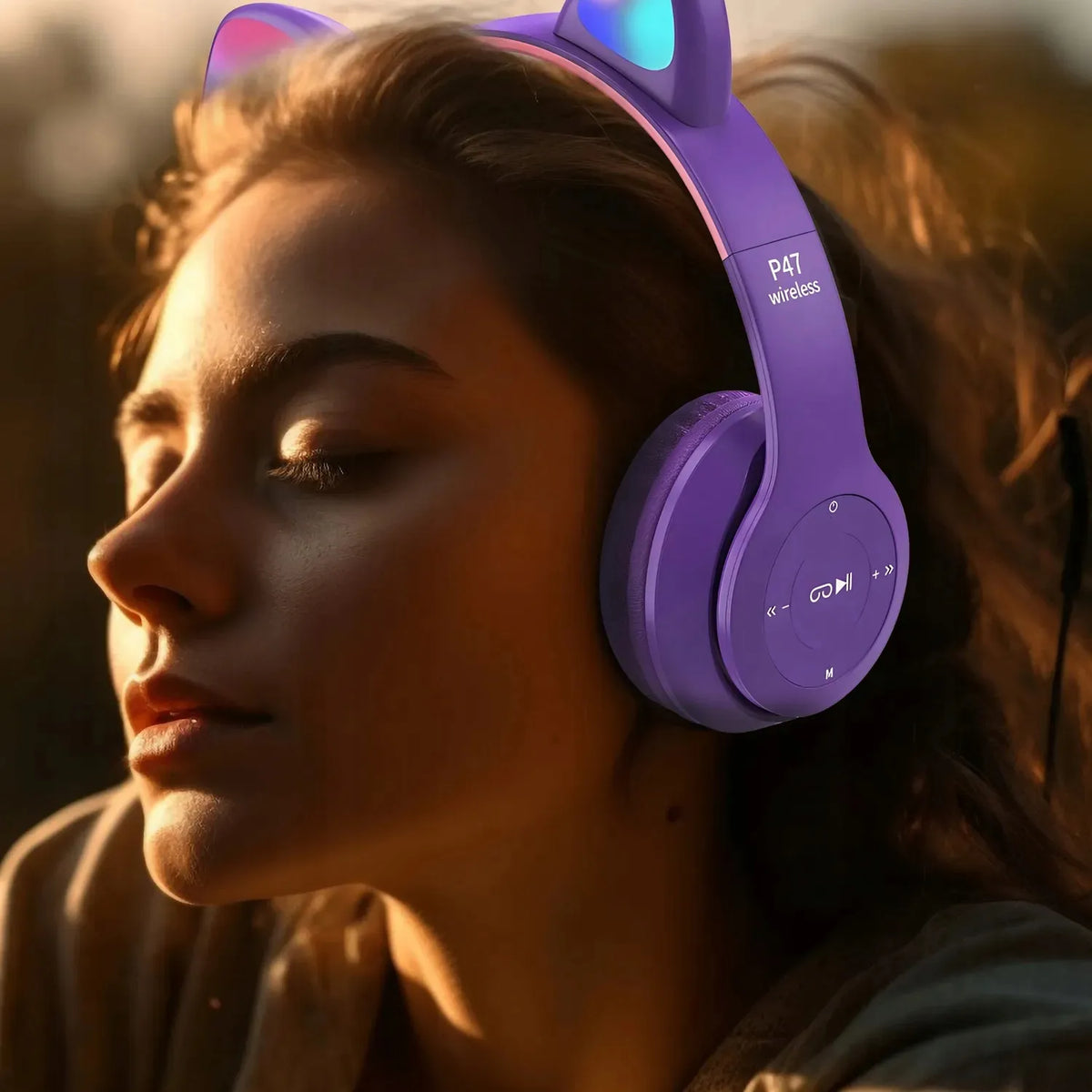Belaidės ausinės vaikams „BLOW“ su „Bluetooth“, mikrofonu, katės ausimis ir RGB LED apšvietimu