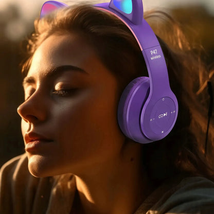 Belaidės ausinės vaikams „BLOW“ su „Bluetooth“, mikrofonu, katės ausimis ir RGB LED apšvietimu