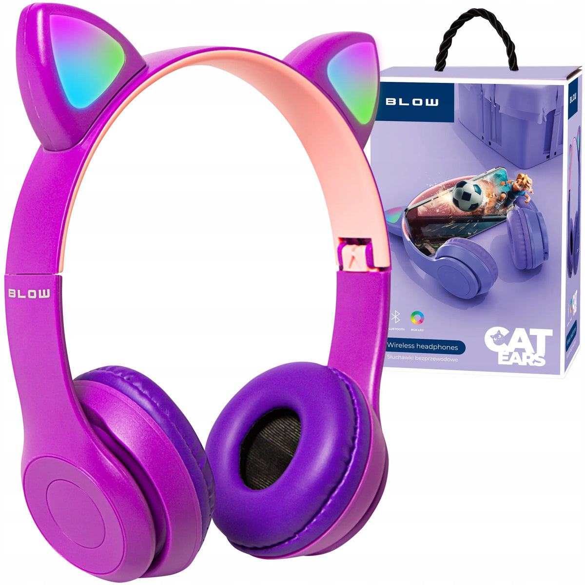 Belaidės ausinės vaikams „BLOW“ su „Bluetooth“, mikrofonu, katės ausimis ir RGB LED apšvietimu